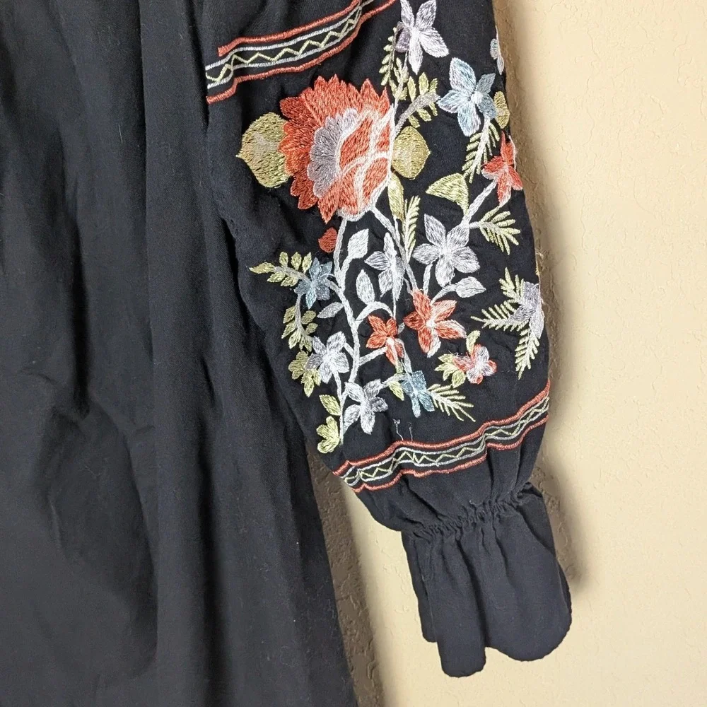 Free People Black Embroidered Peasant Tunic Dress Boho Festival Cottagecore Sz L